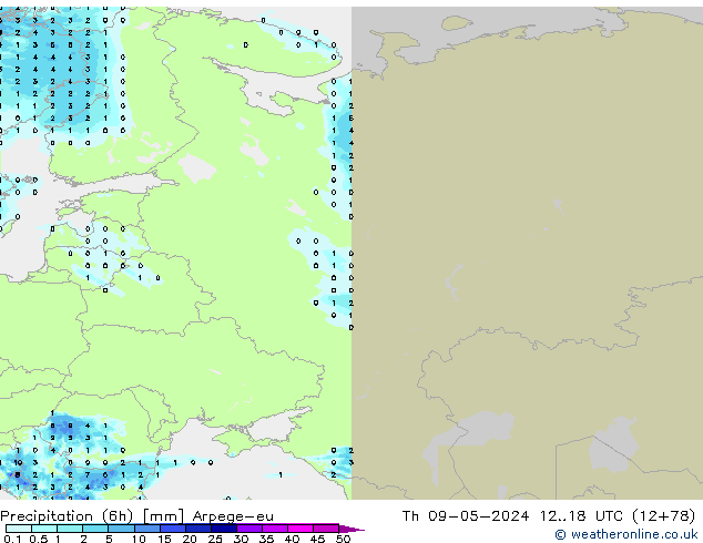 Precipitación (6h) Arpege-eu jue 09.05.2024 18 UTC