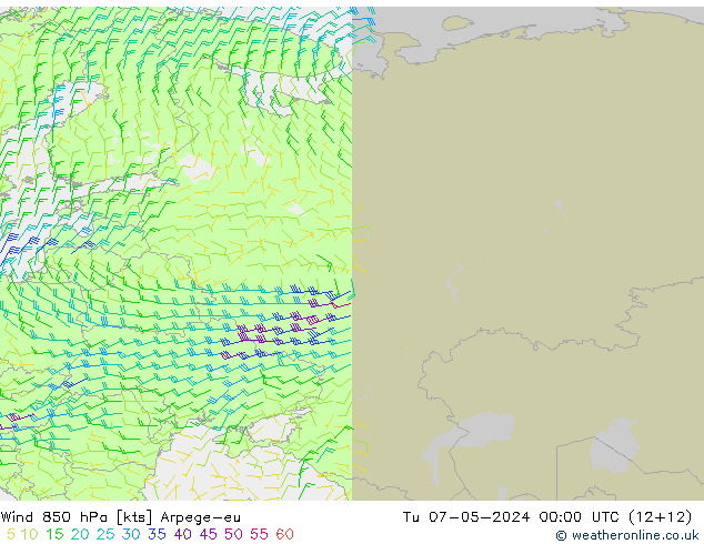 ветер 850 гПа Arpege-eu вт 07.05.2024 00 UTC