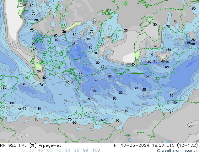 RH 925 hPa Arpege-eu Fr 10.05.2024 18 UTC