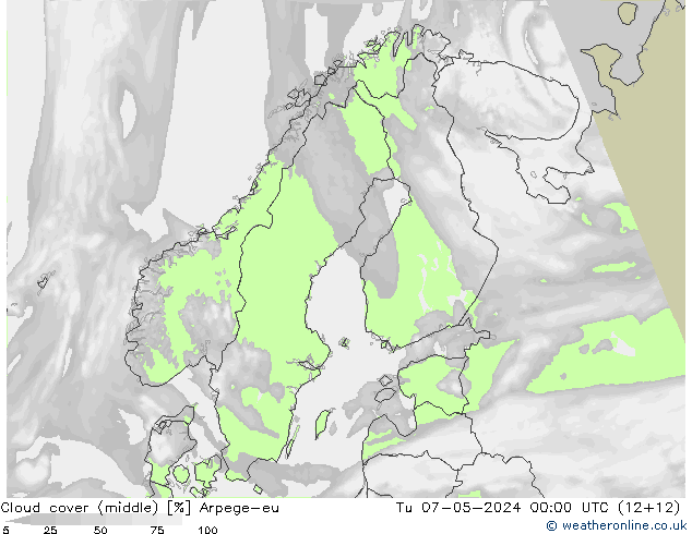 Cloud cover (middle) Arpege-eu Tu 07.05.2024 00 UTC
