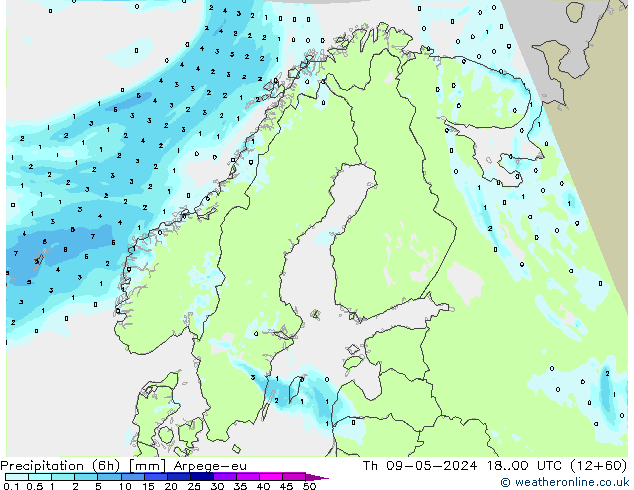 Precipitation (6h) Arpege-eu Čt 09.05.2024 00 UTC