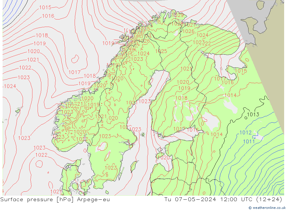 Surface pressure Arpege-eu Tu 07.05.2024 12 UTC