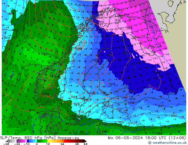 SLP/Temp. 850 hPa Arpege-eu Mo 06.05.2024 18 UTC