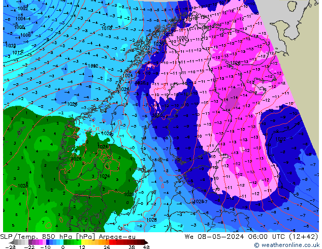 SLP/Temp. 850 hPa Arpege-eu mié 08.05.2024 06 UTC