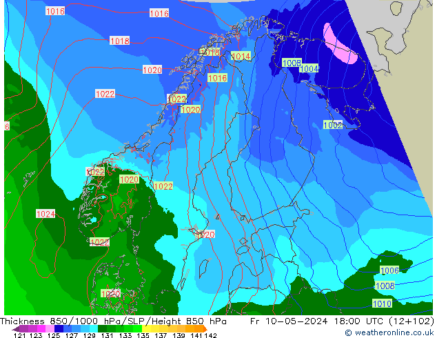 Dikte 850-1000 hPa Arpege-eu vr 10.05.2024 18 UTC