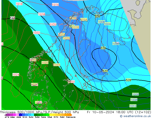 Espesor 500-1000 hPa Arpege-eu vie 10.05.2024 18 UTC