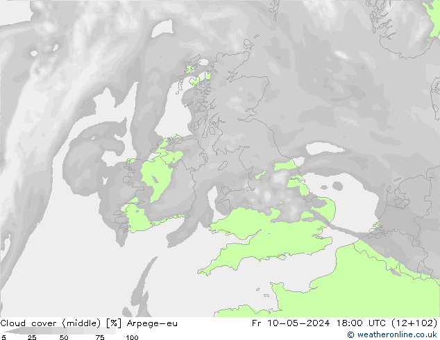 Cloud cover (middle) Arpege-eu Fr 10.05.2024 18 UTC
