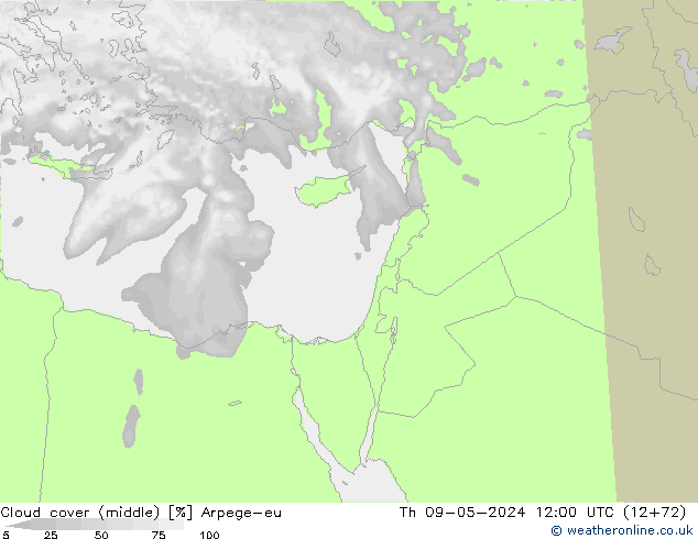 Cloud cover (middle) Arpege-eu Th 09.05.2024 12 UTC