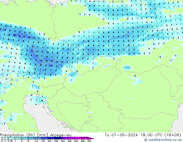 Precipitation (6h) Arpege-eu Tu 07.05.2024 00 UTC