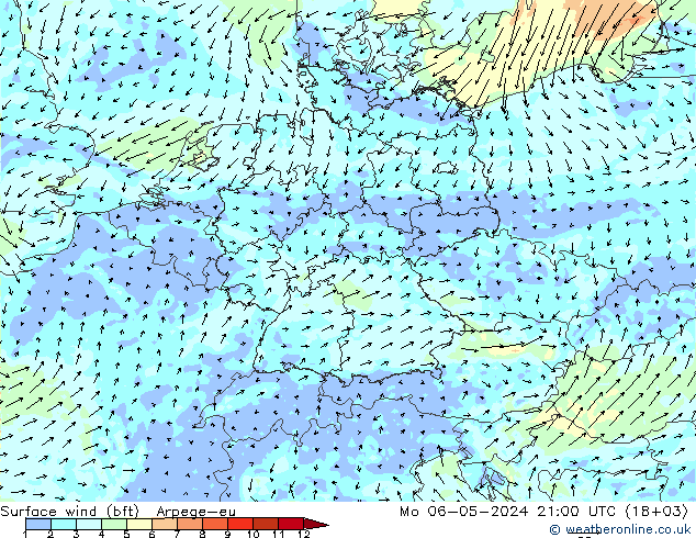 Surface wind (bft) Arpege-eu Mo 06.05.2024 21 UTC