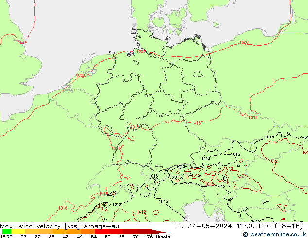 Max. wind velocity Arpege-eu Tu 07.05.2024 12 UTC