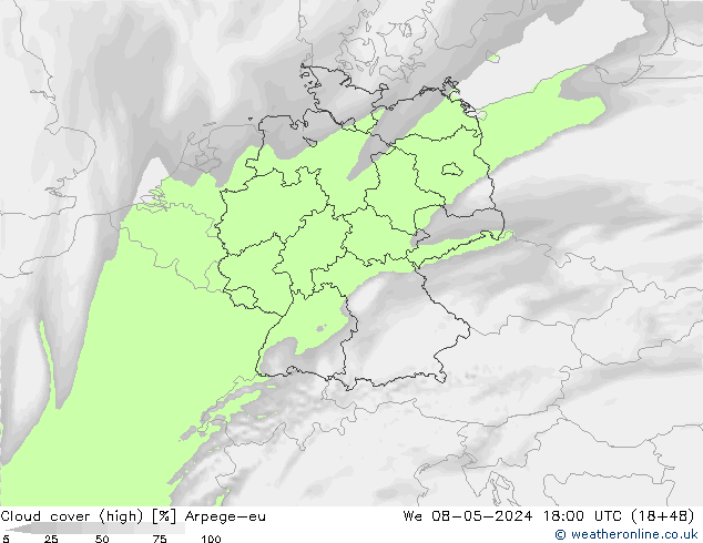 Cloud cover (high) Arpege-eu We 08.05.2024 18 UTC