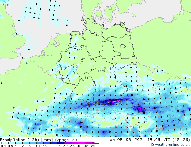 Précipitation (12h) Arpege-eu mer 08.05.2024 06 UTC