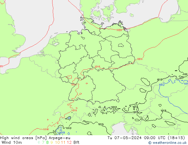 High wind areas Arpege-eu Tu 07.05.2024 09 UTC