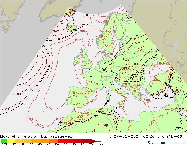 Max. wind velocity Arpege-eu Tu 07.05.2024 00 UTC