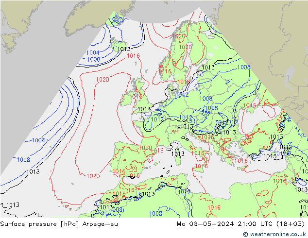 Atmosférický tlak Arpege-eu Po 06.05.2024 21 UTC
