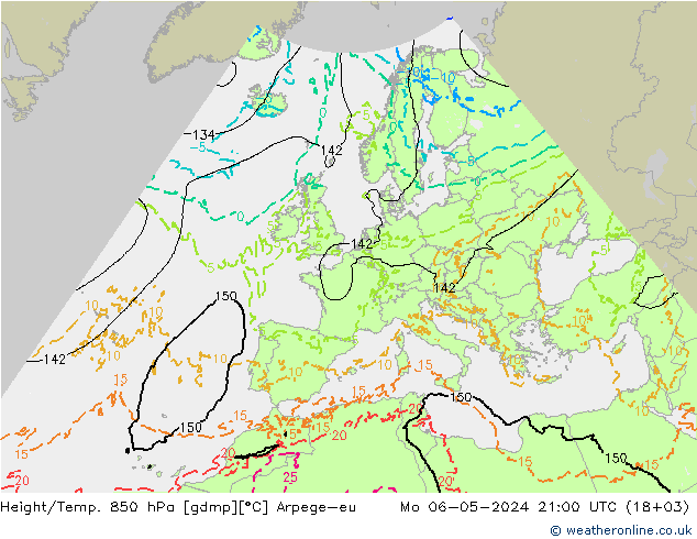 Height/Temp. 850 hPa Arpege-eu Mo 06.05.2024 21 UTC