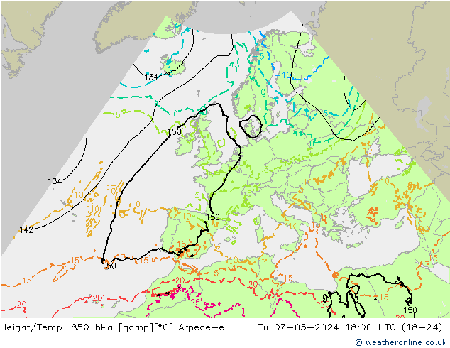 Geop./Temp. 850 hPa Arpege-eu mar 07.05.2024 18 UTC