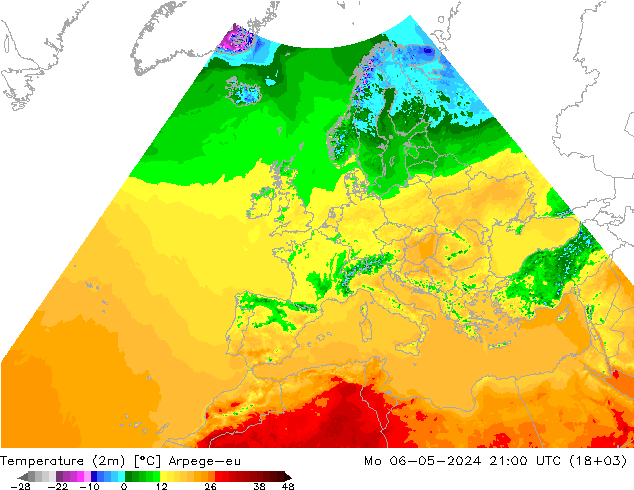 Temperaturkarte (2m) Arpege-eu Mo 06.05.2024 21 UTC