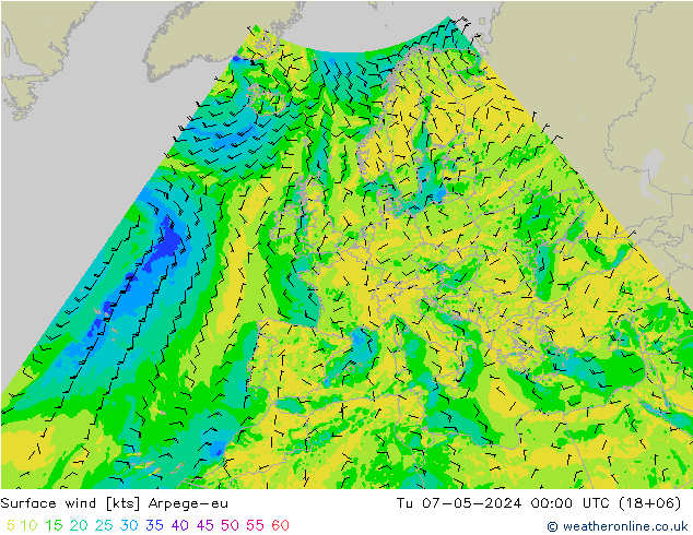Surface wind Arpege-eu Tu 07.05.2024 00 UTC