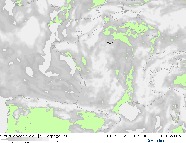 Cloud cover (low) Arpege-eu Tu 07.05.2024 00 UTC