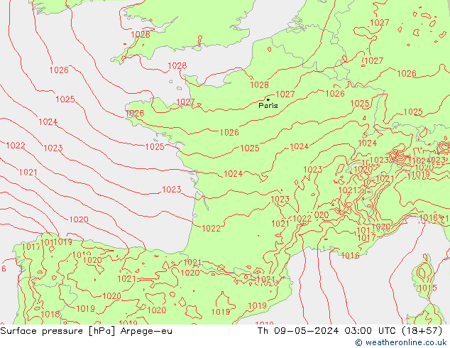 Surface pressure Arpege-eu Th 09.05.2024 03 UTC