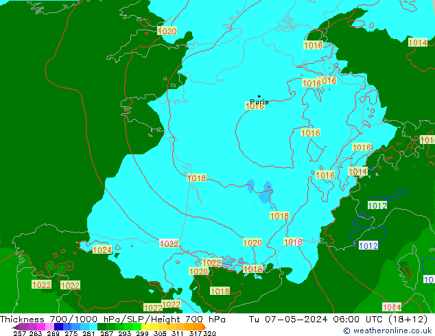 Thck 700-1000 hPa Arpege-eu Tu 07.05.2024 06 UTC