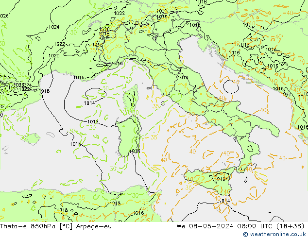 Theta-e 850hPa Arpege-eu Çar 08.05.2024 06 UTC