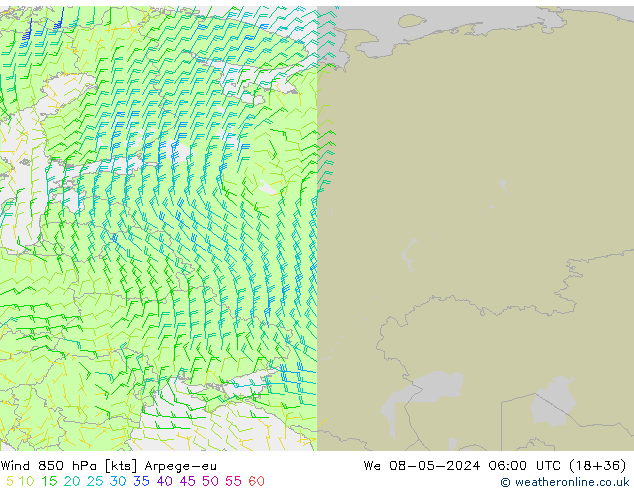 Wind 850 hPa Arpege-eu We 08.05.2024 06 UTC