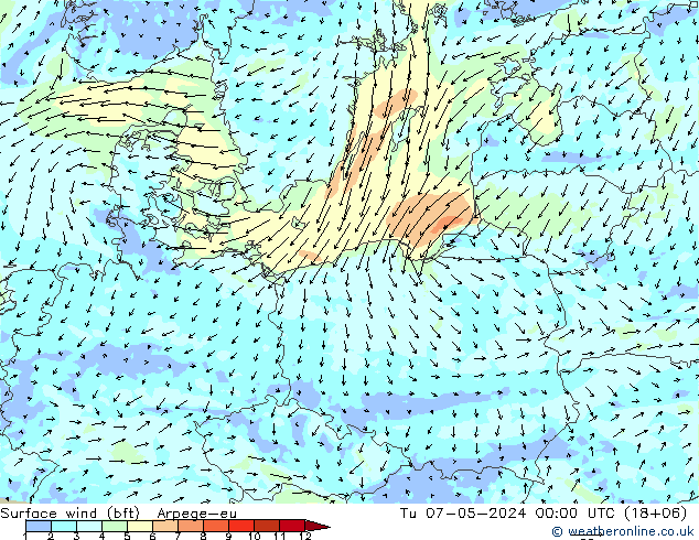 wiatr 10 m (bft) Arpege-eu wto. 07.05.2024 00 UTC
