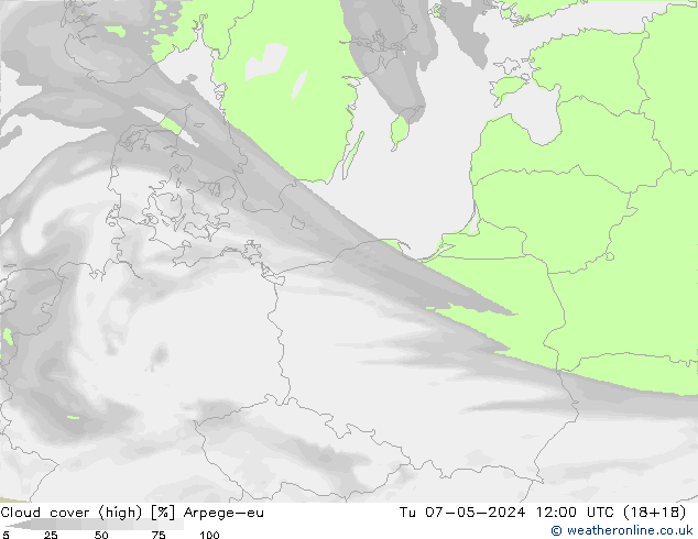 Cloud cover (high) Arpege-eu Tu 07.05.2024 12 UTC