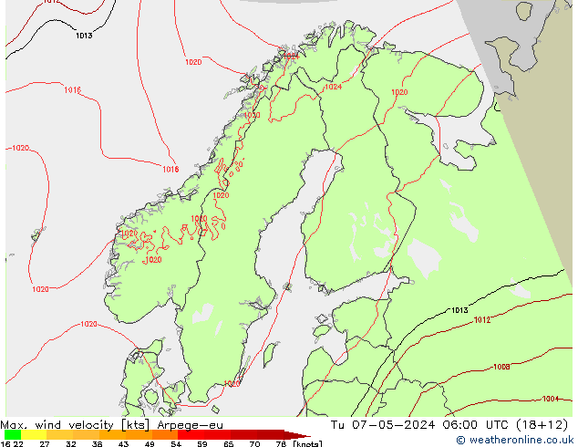 Max. wind velocity Arpege-eu Tu 07.05.2024 06 UTC