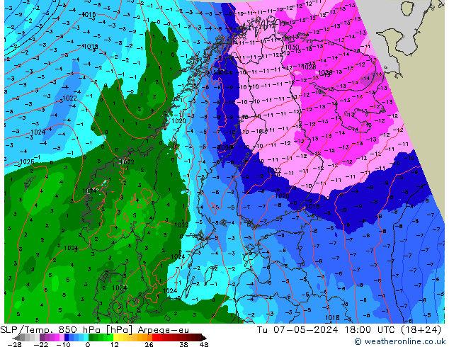 SLP/Temp. 850 hPa Arpege-eu Tu 07.05.2024 18 UTC