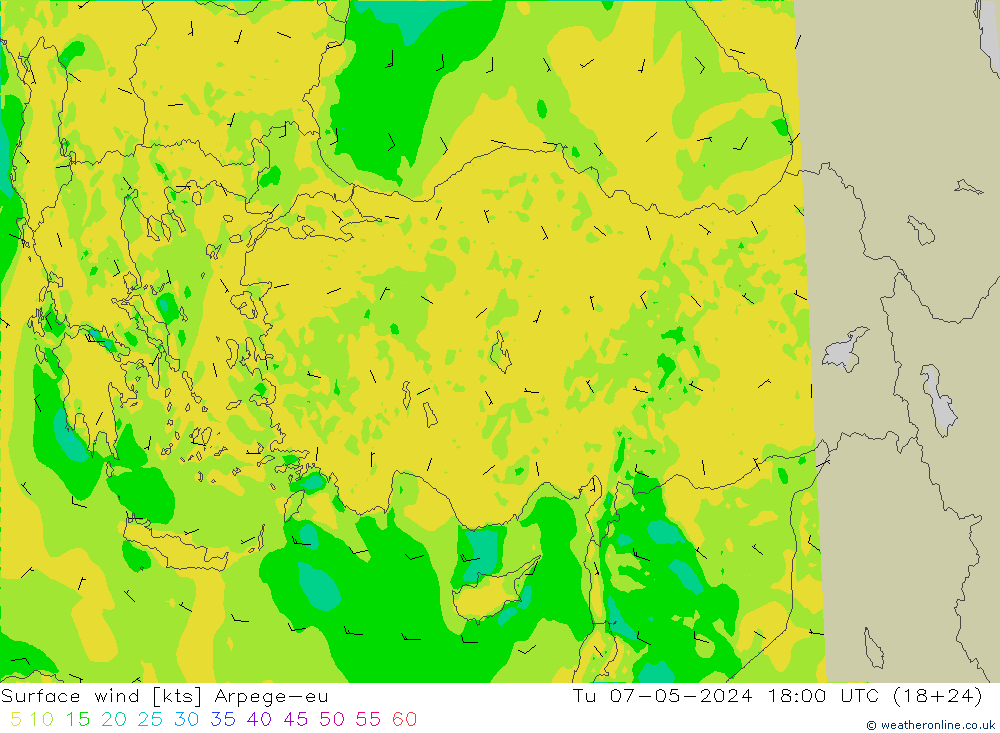 Rüzgar 10 m Arpege-eu Sa 07.05.2024 18 UTC