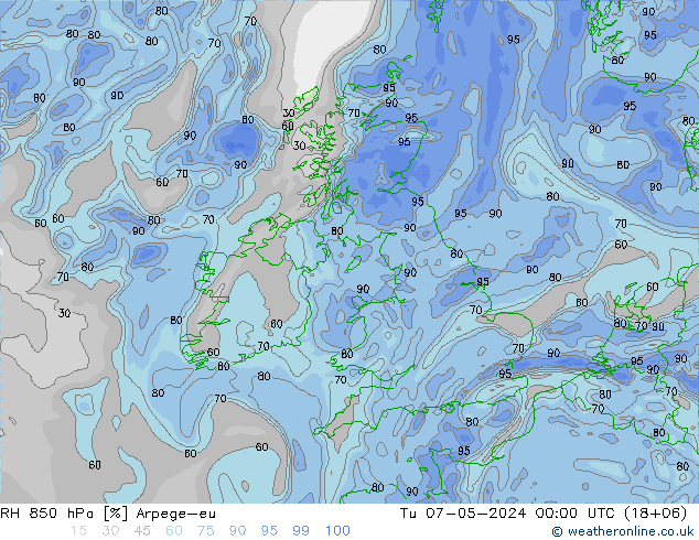 RH 850 hPa Arpege-eu Tu 07.05.2024 00 UTC