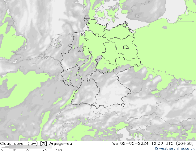 zachmurzenie (niskie) Arpege-eu śro. 08.05.2024 12 UTC