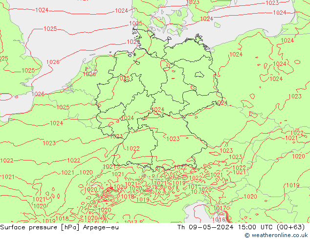 Presión superficial Arpege-eu jue 09.05.2024 15 UTC