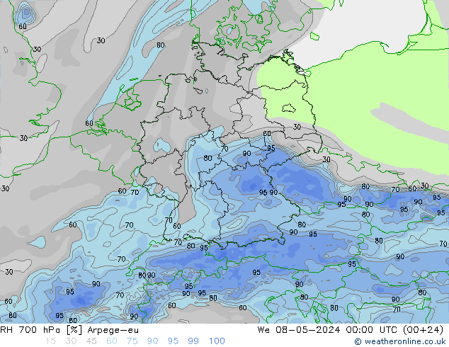 Humidité rel. 700 hPa Arpege-eu mer 08.05.2024 00 UTC