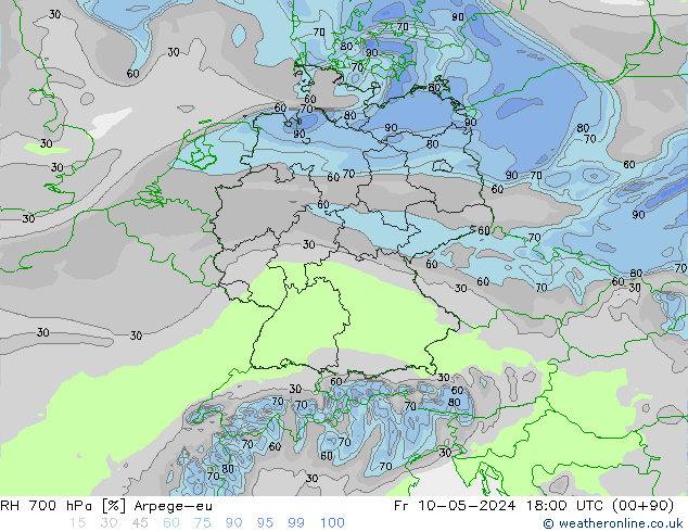 RH 700 hPa Arpege-eu Fr 10.05.2024 18 UTC