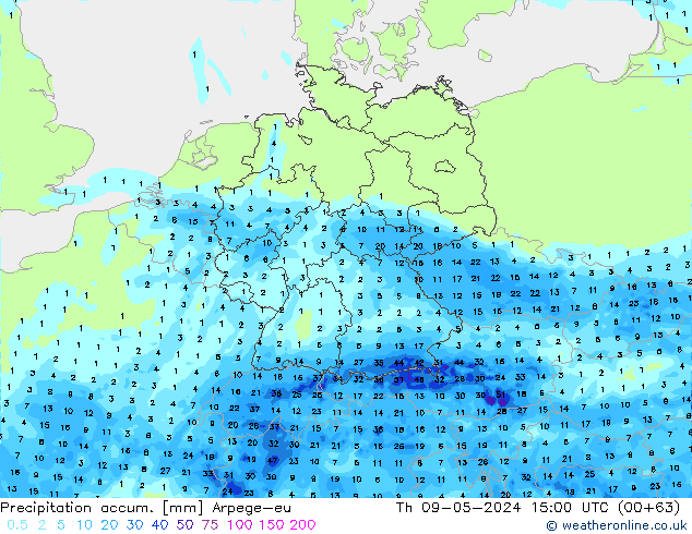 Precipitation accum. Arpege-eu Th 09.05.2024 15 UTC