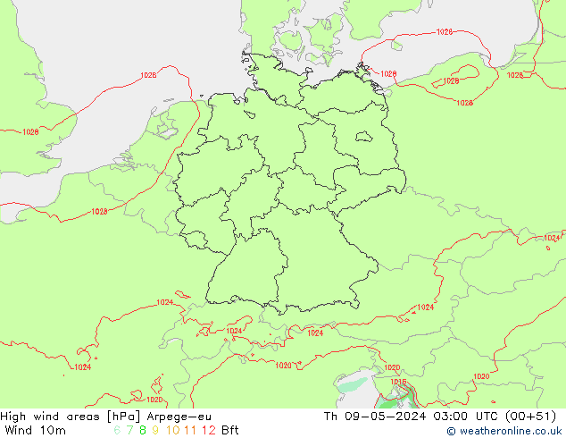 High wind areas Arpege-eu  09.05.2024 03 UTC