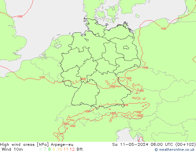 High wind areas Arpege-eu  11.05.2024 06 UTC