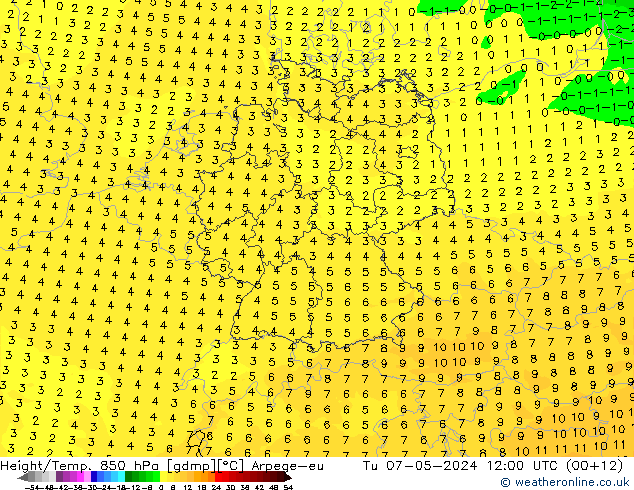 Height/Temp. 850 hPa Arpege-eu Tu 07.05.2024 12 UTC