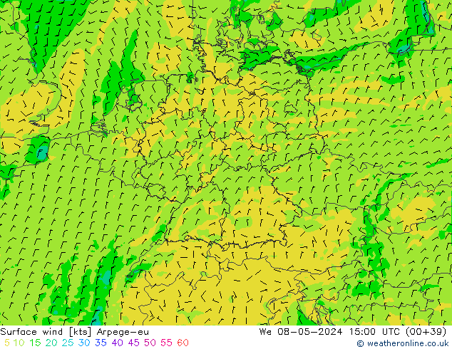 Surface wind Arpege-eu We 08.05.2024 15 UTC