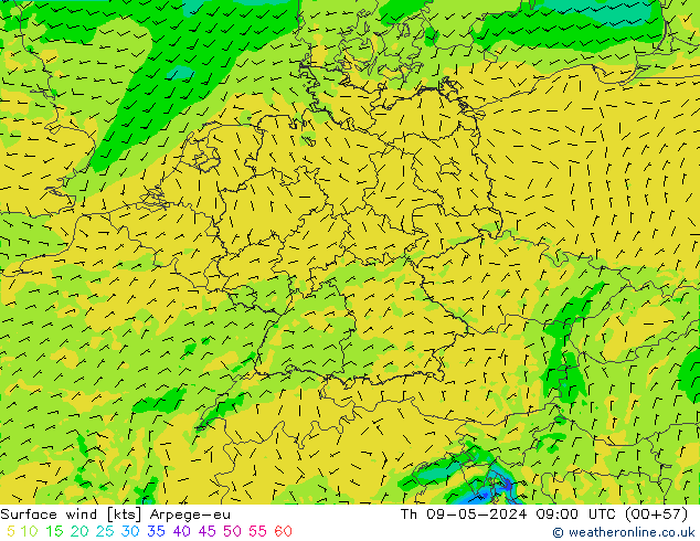 Surface wind Arpege-eu Čt 09.05.2024 09 UTC