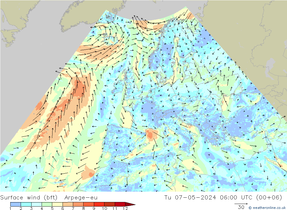 Surface wind (bft) Arpege-eu Tu 07.05.2024 06 UTC