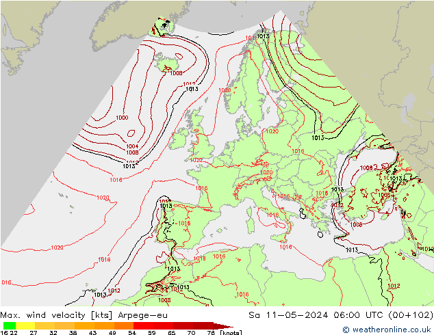 Max. wind velocity Arpege-eu  11.05.2024 06 UTC