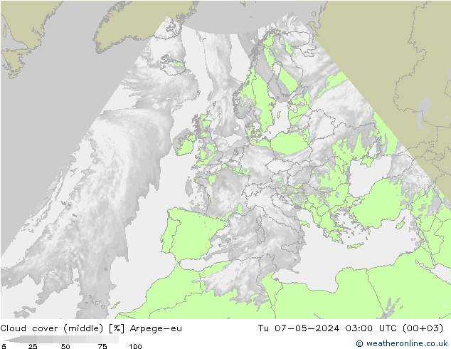 Wolken (mittel) Arpege-eu Di 07.05.2024 03 UTC