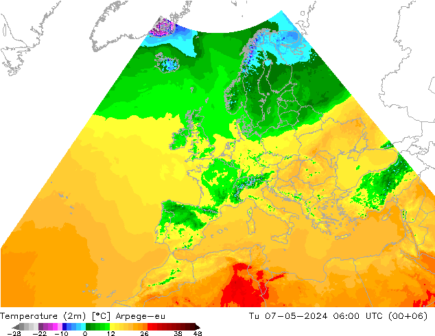 Temperaturkarte (2m) Arpege-eu Di 07.05.2024 06 UTC