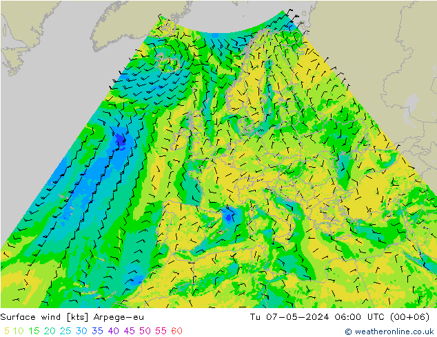 Surface wind Arpege-eu Tu 07.05.2024 06 UTC
